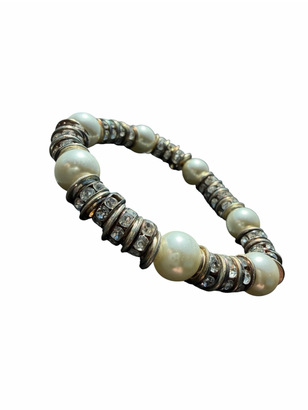 Pearl & Crystal Stretch Bracelet - White Pearls with Silver Accents